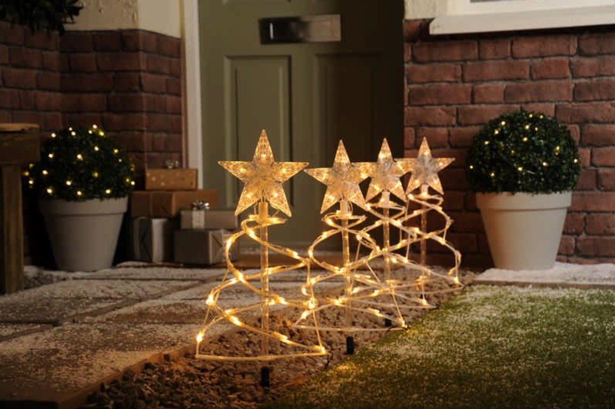 Festive Outdoor Set of 4 Spiral Pathfinder Christmas Trees Lights Warm White