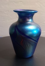 Lundberg Studios Blue Favrile Iridescent Art Glass Mini Vase 1979 Pulled Feather