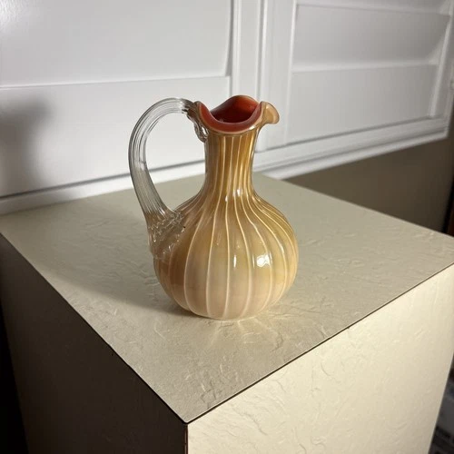 Fenton Art Glass Amber Autumn Cameo Beige Opalescent Striped Pitcher 5”
