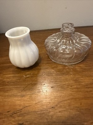 ANTIQUE 1895 GLOW NIGHT GLASS OIL LAMP, CLEAR BASE/WHITE SHADE