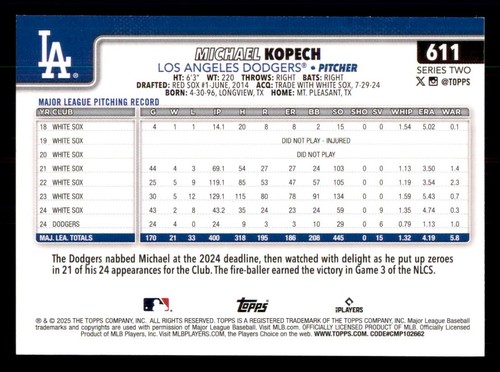 2025 Topps #611 Michael Kopech Los Angeles Dodgers - Picture 2 of 2