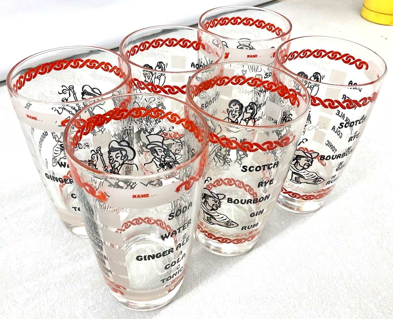 6 Vintage Cocktail Bar Back Drink Liquor Illustrated Novelty Glasses Drinking