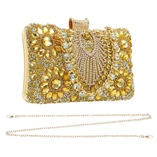 Evening Bags for Women, Crystal Clutch Purse with Rhinestone Chain, Gold