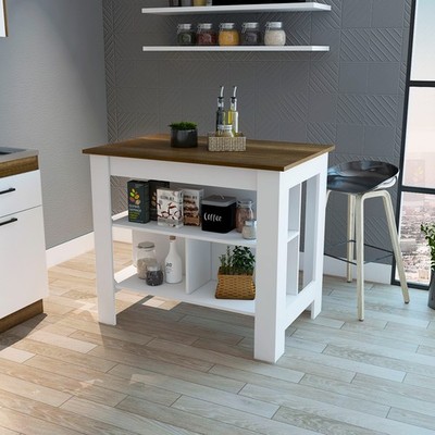 Modern Stationary Kitchen Island Four Legs, Three Shelves -White / Walnut