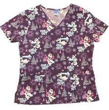 Disney Frozen Olaf chill out winter theme purple v-neck two pocket scrub top SM