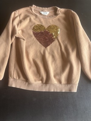 H&M Girls Beige Sequin Heart Graphic Crewneck Pullover Sweatshirt 8-10Y
