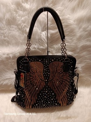 HANDBAG EXPRESS BLACK AND GOLD STUNNING RHINESTONE BLING WINGED SHOULDER BAG