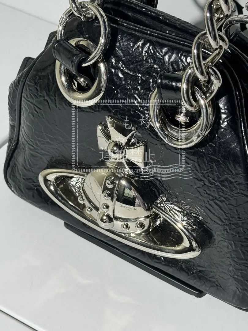 Vivienne Westwood Chain Shoulder Hand Bag Black Leather Saturn