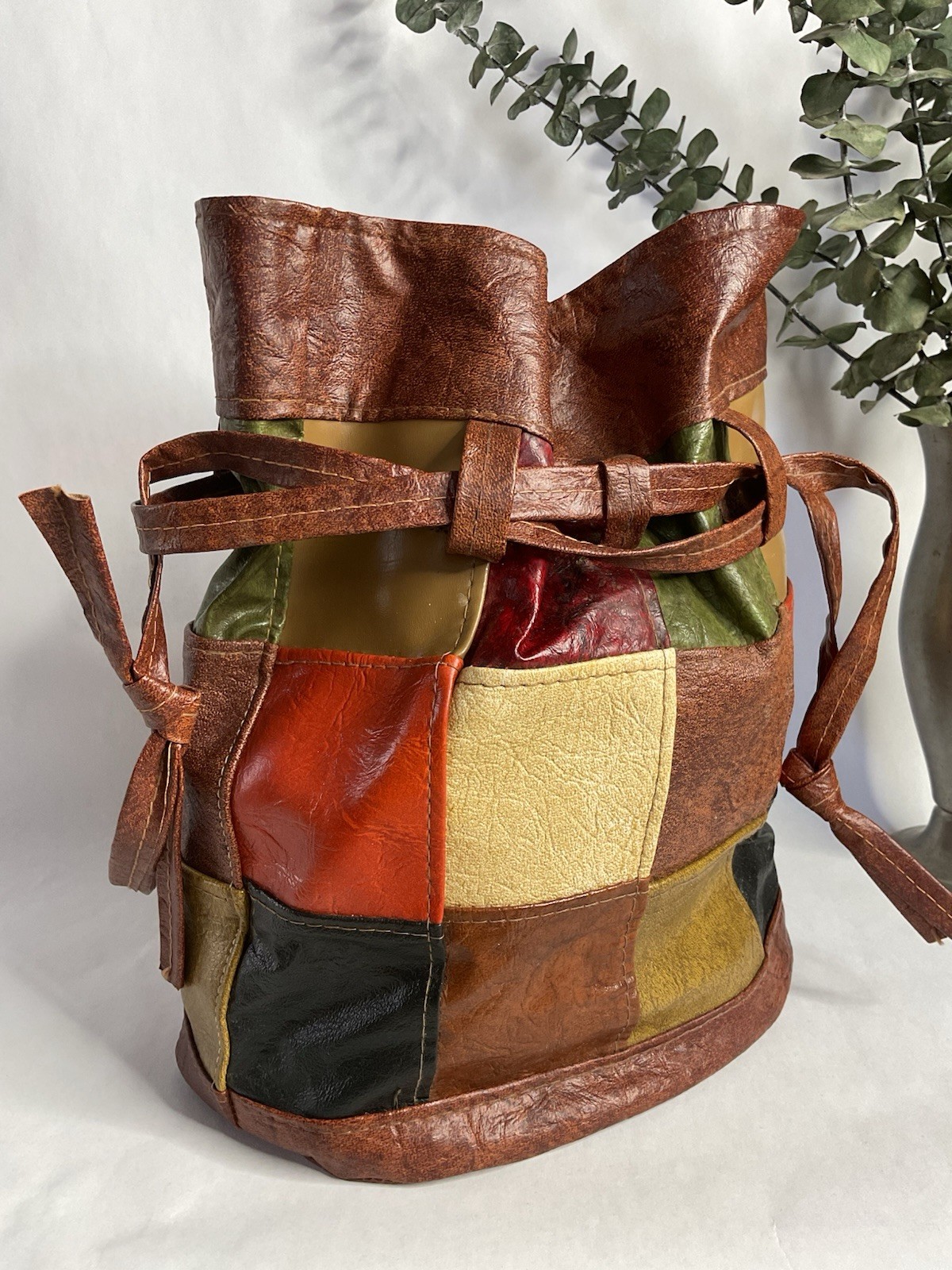 1960s 1970s Patchwork Drawstring Bucket Bag, Vint… - image 6