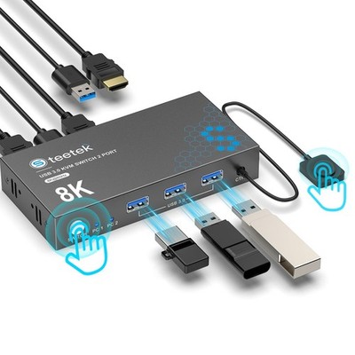 USB 3.0 HDMI KVM Switch 1 Monitor 2 Computers, 8K@60Hz Switches for Black 