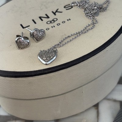 * Authentische Links Of London Silber Essential Diamant Pave Herz Halskette/Ohrringe