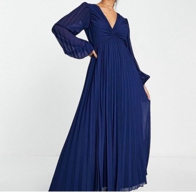 ASOS Design Curve pleated bodice plunge neck midi dress in navy