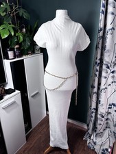 Michelle Keegan Ribbed Midi Dress UK 14 – Hugging Knit Bodycon Cream Elegant C23