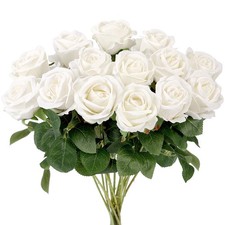 14PCS White Roses Artificial Flowers, Velvet Silk Faux Roses with Long Stems ...