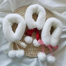 Women Faux Fur Collar Ribbon Fluffy Pompom Scarf Neck Warmer Wraps Shawl Plush