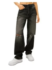 GOOD AMERICAN Womens Black Denim High Waist Ripped Straight leg Jeans 1432
