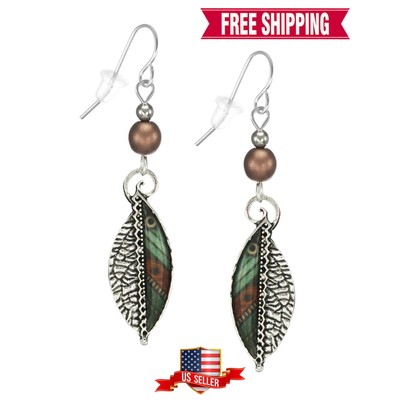 Beautiful Silver Green and Copper Abstract Dangle Earrings, Platinum Ear Wires