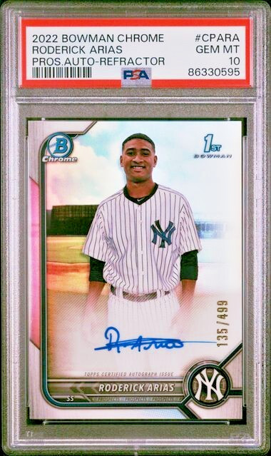 RODERICK ARIAS 2022 Bowman Chrome 1st REFRACTOR AUTO PSA 10 Gem Mint SP /499