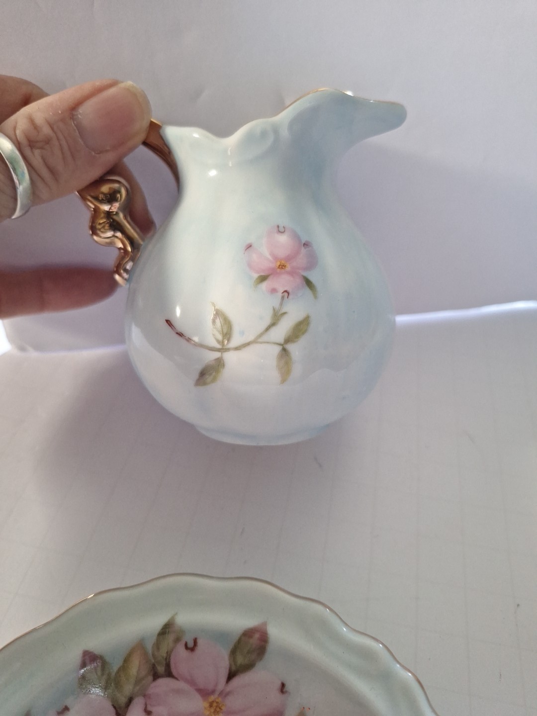 Lefton China Heritage Green/Pink Pitcher & Bowl - Hand Painted Vintage 1989 7251