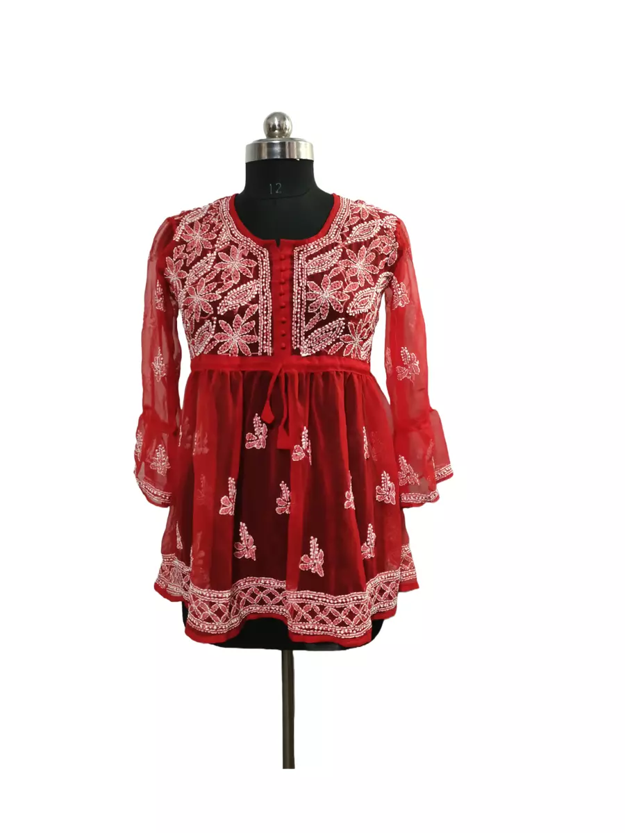 Georgette Embroidered Kurta Shirt Women Chikankari Short Dress