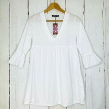 boohoo Mini Dress Women's size 6 Petite V Neck 3/4 Sleeves Smocked White NEW