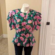 Vintage bright green and pink floral print silk peplum blazer size L