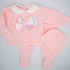 NEWBORN BABY KNITTED OUTFIT GIRLS SPANISH PINK PRAM SET WITH HAT IN GIFT BOX