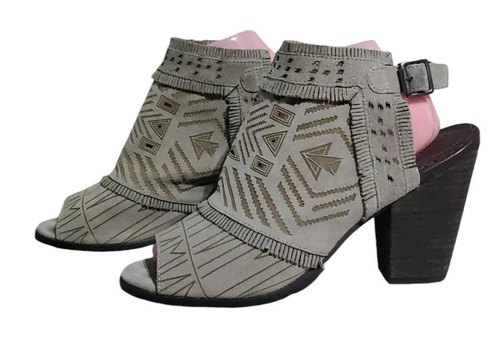 Naughty Monkey Suede Sandals 9.5 Cutout Peep Toe Heel Fringe Tribal Stacked Heel - Picture 4 of 9