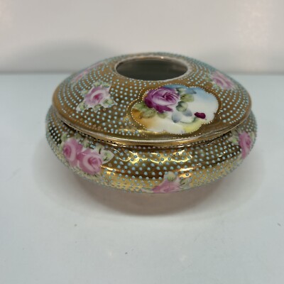 Antique Hand Painted Roses Gilded Moriage Nippon Hair Receiver Vanity Box