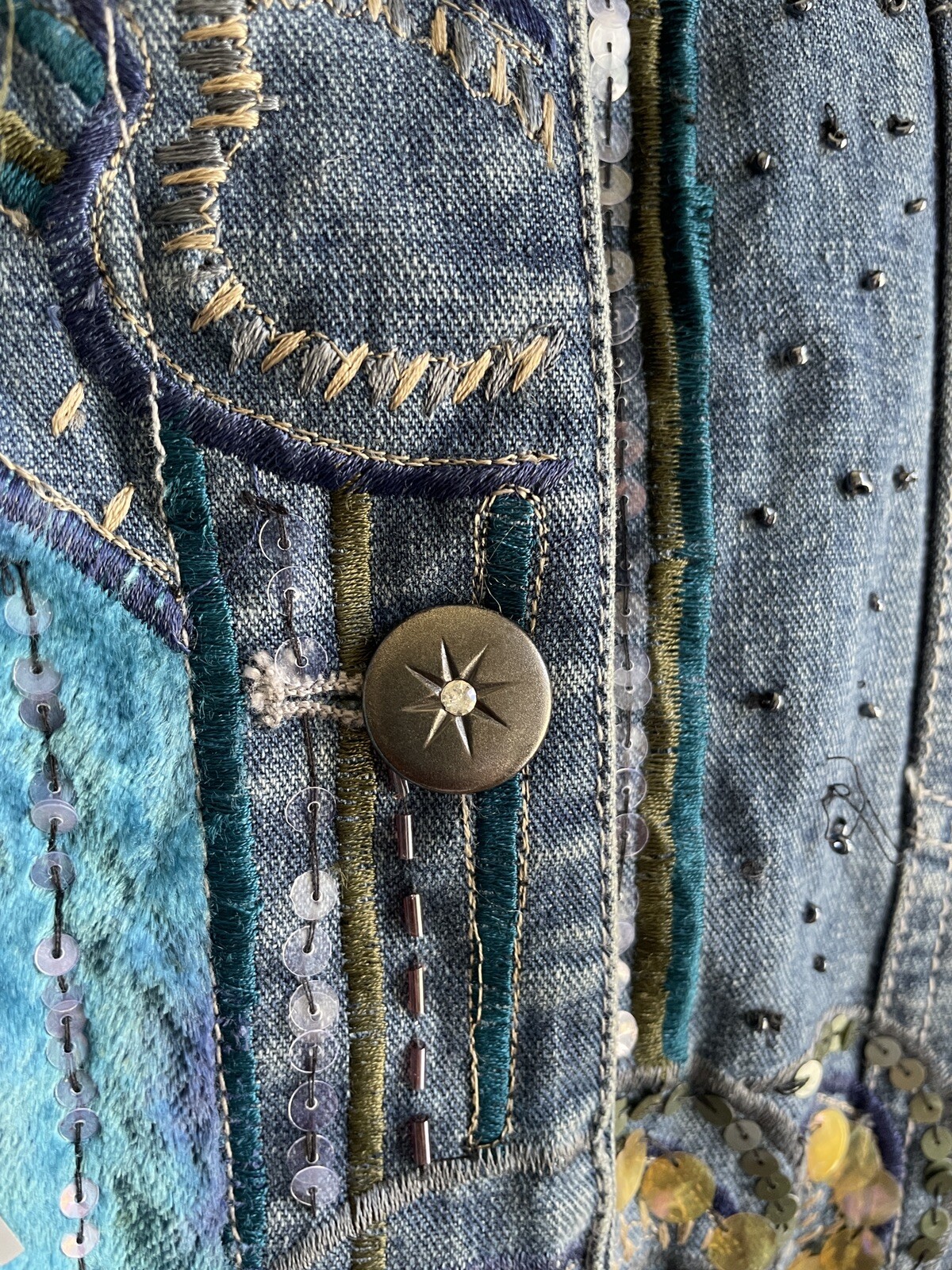 Chico's 2 Denim Jacket Cotton Blue Patchwork Embr… - image 7