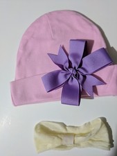 Baby girl beanie pink hat purple bow alligator clip headband 0-6months