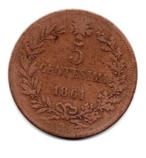 Italy Coin 5 Centesimi Year 1861 B KM#3.1 Bologna Mint Rare