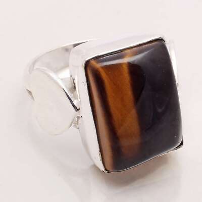 Tiger'e Eye Gemstone Silver Plated Handmade Jewelry Gift Ring Size US 7 R-09570