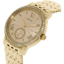 NEW-GUESS GOLD TONE ,S/STEEL,ROMAN #S,CRYSTAL BEZEL ,BRACELET WATCH-U0573L2