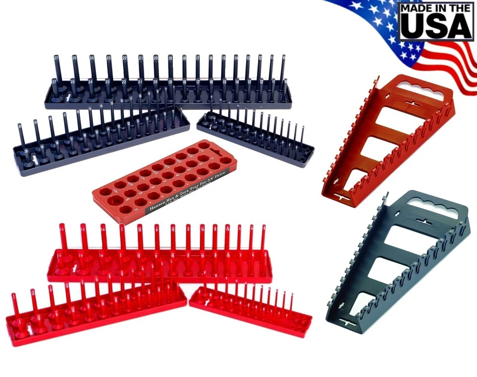 Hansen 9 piezas 1/4 3/8 1/2 SAE Juego de bandejas de enchufe métrico organizador con porta llaves EE. UU. Foto 2 de 4