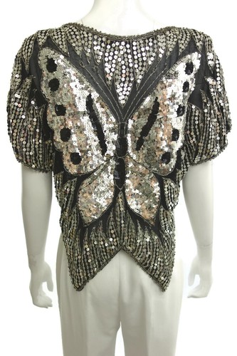 Vintage 80’s Butterfly Sequined Top. Black and Silver. Silk, beadwork - Picture 2 of 4