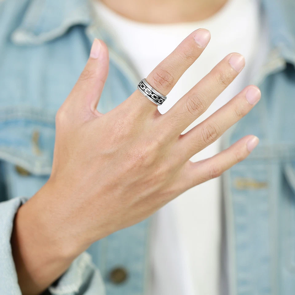 Cadena de corrosión de acero inoxidable caída goma negra acero hombres hip hop anillo joyería Foto 4 de 4