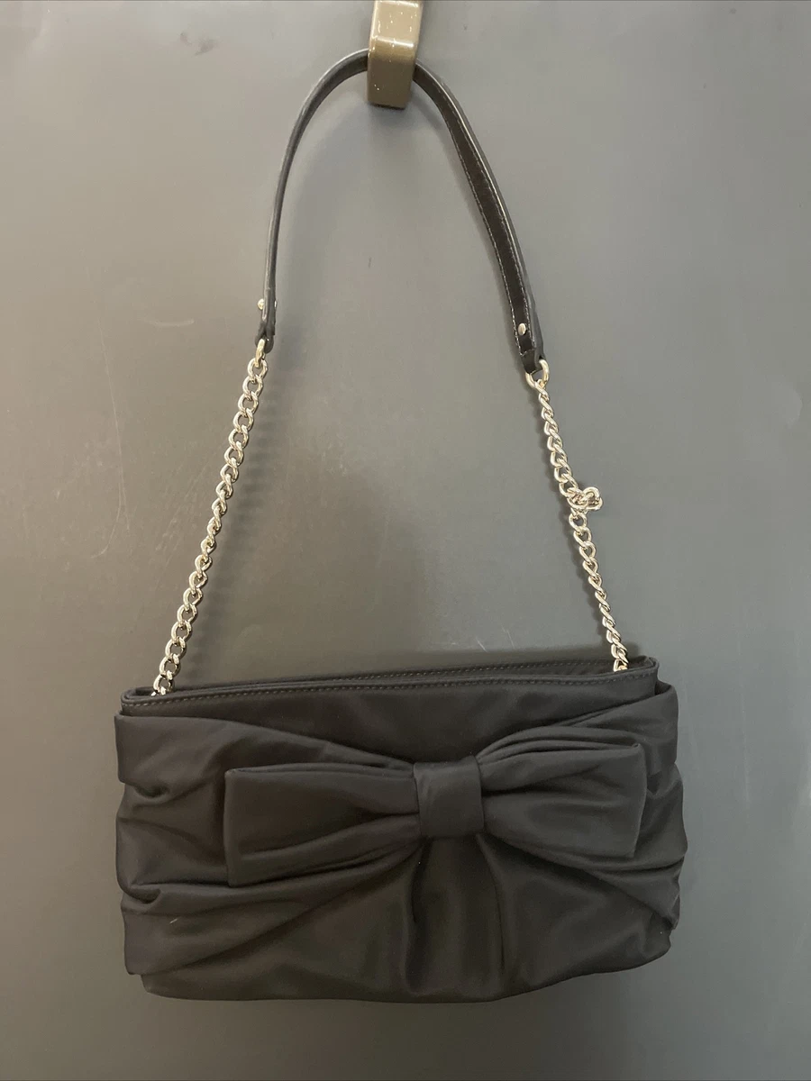 KATE SPADE black nylon bow clutch shoulder bag w chain leather strap 6