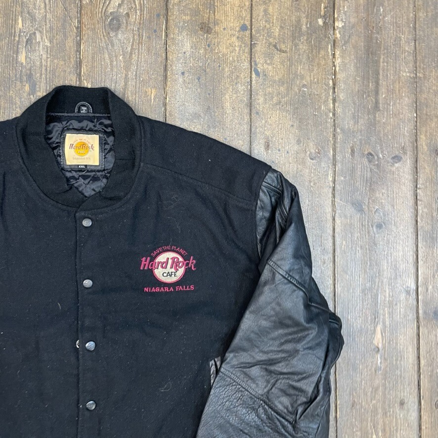 Hard Rock Cafe Varsity Jacket Niagara Falls Bomber Leather Coat, Black, Mens 2XL image 3