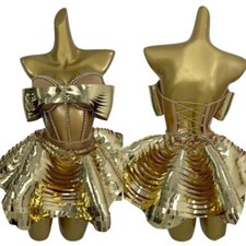2PC Suit Women's Gold Diamond Sexy Top Short Skirt Party NightClub Stage Fashion