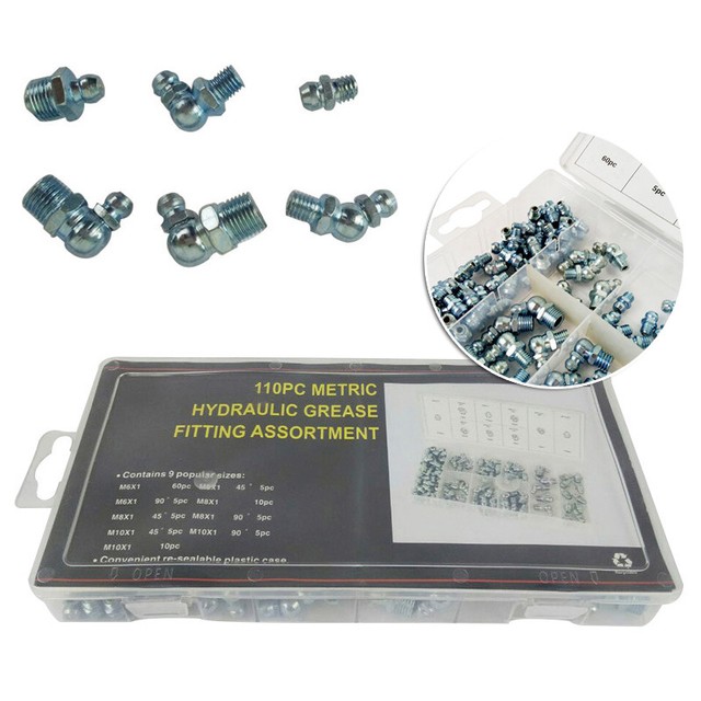 110pcs SAE MM Hydraulic Grease Zerk Zirk Fitting Assortment Straigt 90