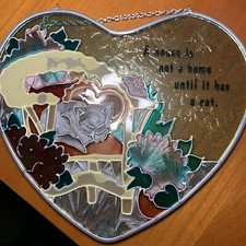 Stained Glass Heart Sun Catcher Cat &Flowers 7”x6.5”With Chain Vintage