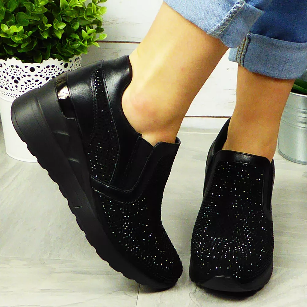 Ladies Wedge Hidden Trainers Womens Sneakers Slip On Bling Comfy