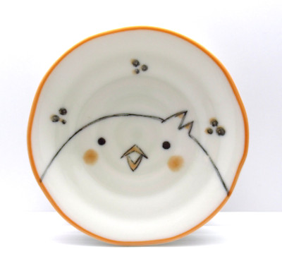Kanemi Chick Plate Kotobuki Japan Ceramic Bird Dish 4'' Orange Trim Cute