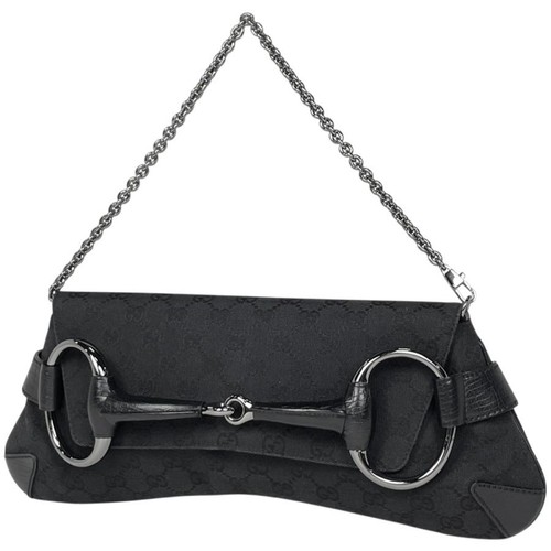 Gucci Horsebit Chain Shoulder Bag GG Pattern Handbag GG Canvas Black Ladies Used