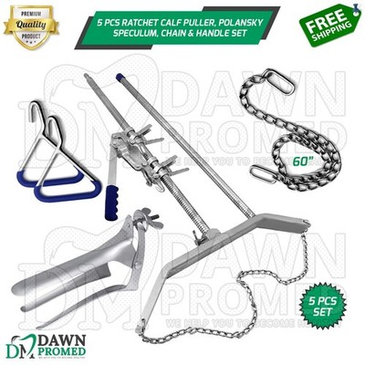5 Pcs Ratchet Calf Puller, Polansky Speculum, Chain & Handle Set German Grade
