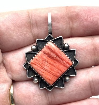 Navajo Native Sterling Silver Orange Spiny Oyster Handmade Cross Pendant