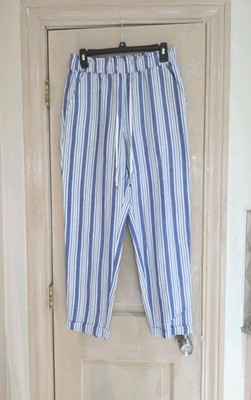  LOFT Womens Emory High Rise Pants in Striped Linen Blend Blue White Size XS