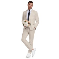 Men's Linen Suit 2 Piece Slim Fit Summer Beach Wedding Dress Tux Prom Suit Bl...