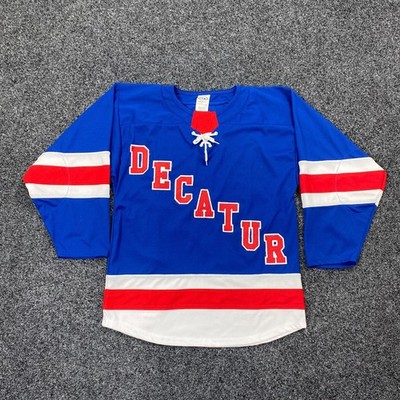 Vintage AK Hockey Jersey Athletic Knit Blue Multicolor DECATUR Size Small